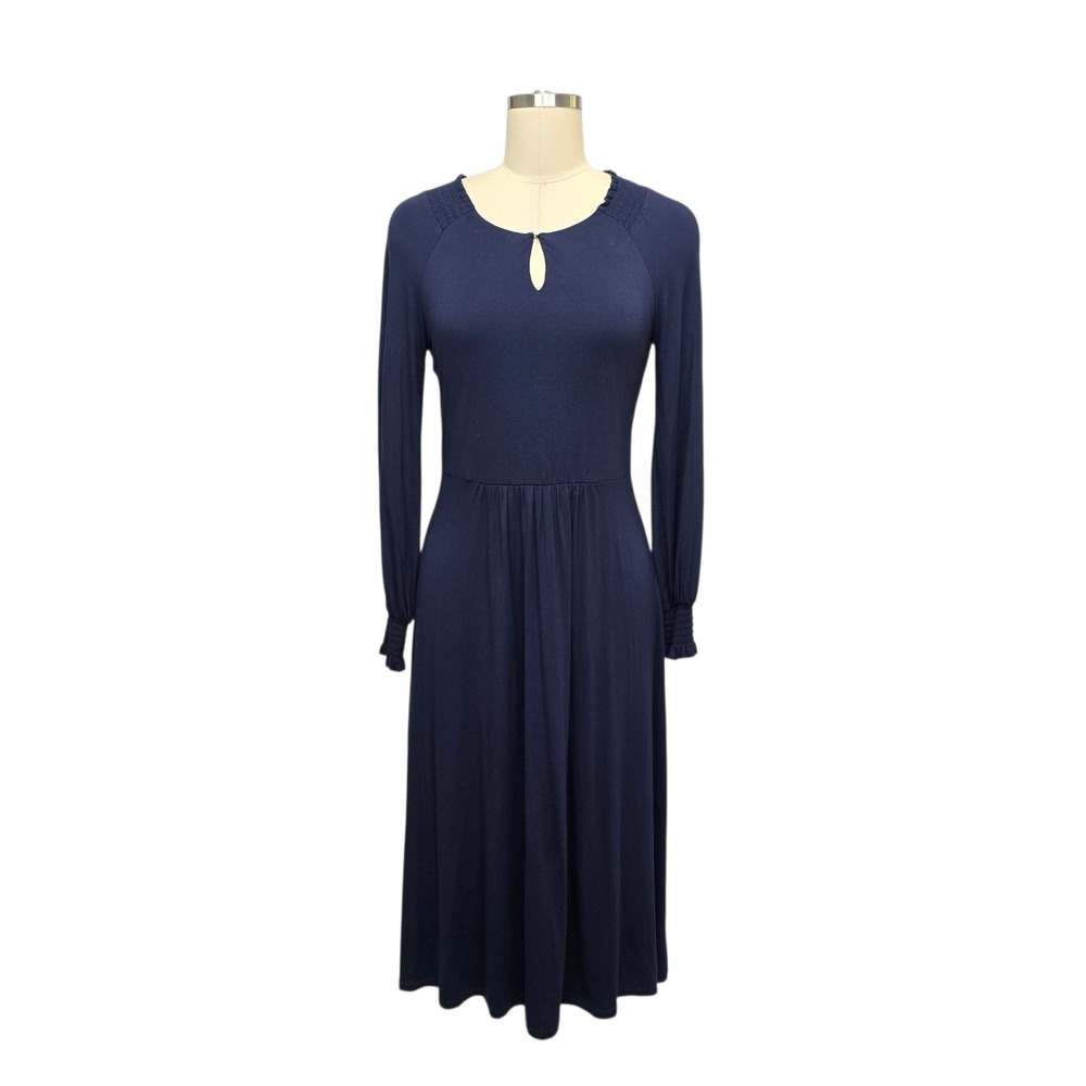 Boden Navy Blue Keyhole Smocked Cuff Midi Dress Size 4P Viscose Blend Stretch